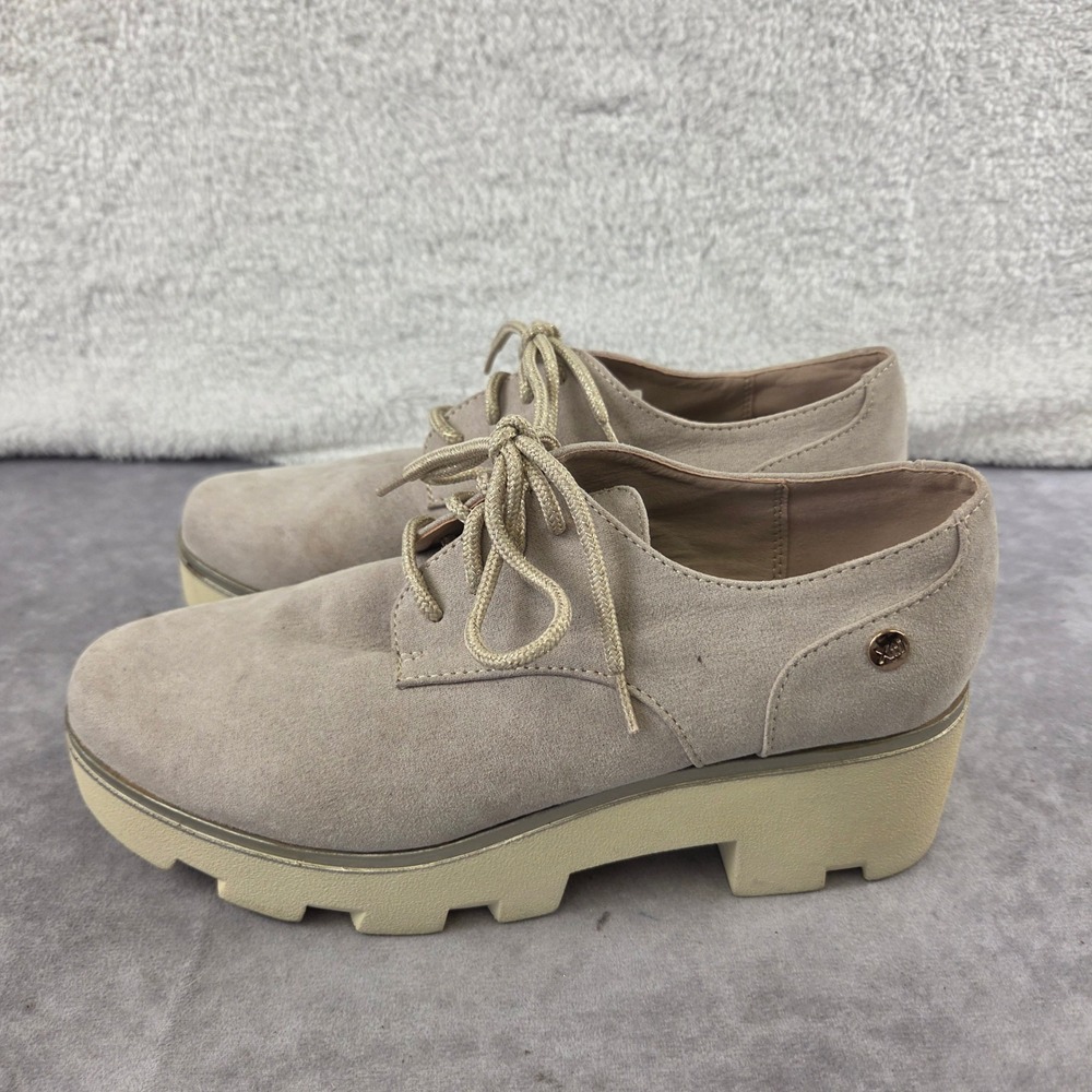 XTI Suede Platform Oxfords Taupe Lug Sole Lace Up Shoes Round Toe Chunky Heel
